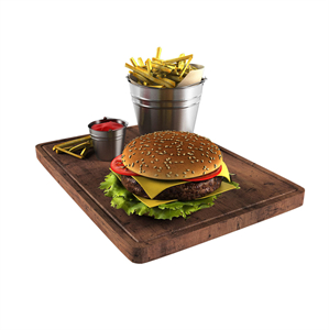 Hamburger and french fries in a bucket